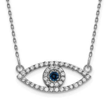 14k White Gold Polished 1/6 carat Diamond and Sapphire Small Evil Eye 18 inch Necklace