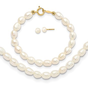 14k 3-5mm Semi-Round White Freshwater Cultured Pearl 12 inch Necklace, 4 inch Bracelet and Post Earrings Set