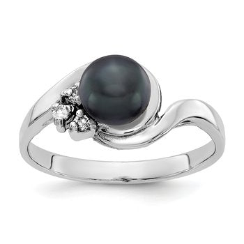 14k White Gold 6mm Black FW Cultured Pearl AAA Diamond Ring