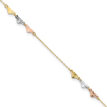 14K Tri-Color Diamond-cut Hearts 9 inch Plus 1 inch Extender - Total 10 inch Anklet