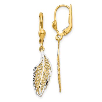 14K and Rhodium Polished and Textured Leaf Leverback Earrings