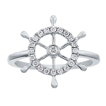BluSea™ 14k White Gold Ring Ships Wheel Bezel Set Center Diamond 0.25 Ctw