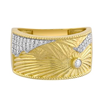 Diamond Peak™ 14K Yellow Gold Ring Wide with Carved Mountains Bezel Set Diamond Sun Diamond 0.21 Ctw