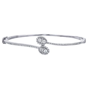 14K White Gold Open Ended Bypass with Oval Clusters Bangle Diamond 1.00 Ctw
