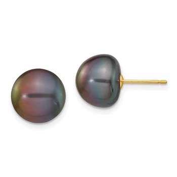 14k 10-11mm Black Button Freshwater Cultured Pearl Stud Post Earrings