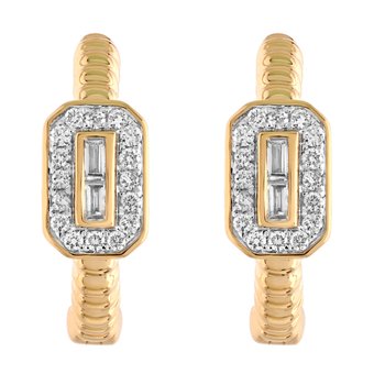 14K Yellow Gold Bezel Set Emerald Cut Center w/Halo Ribbed Hoops Diamond Earrings 0.33 Ctw