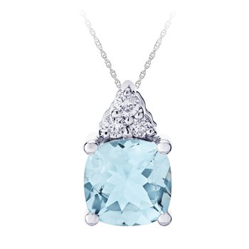 Majestic Gems™ 14k White Gold Prong Set Cushion Color Stone with 3 Diamonds Hidden Bail Aqua & Diamond 1.16 Ctw