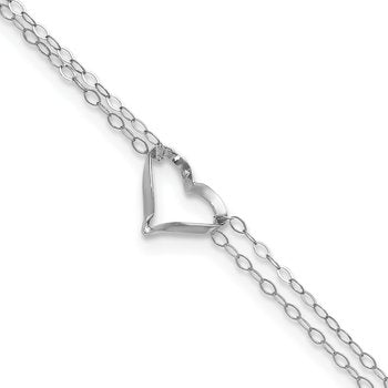 14k White Gold Double Strand Chain Twisted Heart 9 inch Plus 1 inch Extender - Total 10 inch Anklet