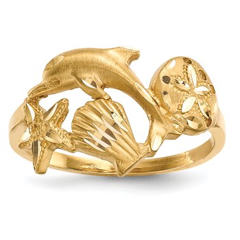 14k Polished and Satin Diamond-cut Dolphin Starfish Shell Sand Dollar Ring