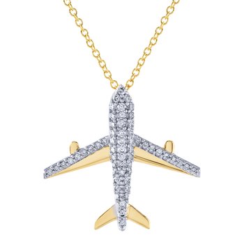 14K Yellow Gold Plane with Pave Set Body & Wings Diamond Pendant 0.21 Ctw