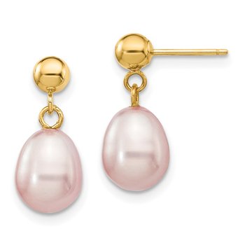 14k 7-8mm Purple Rice Freshwater Cultured Pearl Post Dangle Earrings