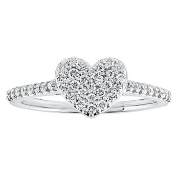 14K White Gold Ring Pave Heart with Bead Set Shoulders Diamond 0.33 Ctw