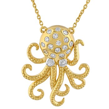 Oceanity™ 14K Yellow Gold Pendant Octopus with Bezel Set Eyes Movable Tentacles Diamond 0.20 Ctw