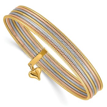 14K Tri-color Polished and Textured with Dangle Heart 7-Strand 11.00mm Slip-on Round Bangle Bracelet