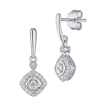 14K White Gold Earrings Illusion Cushion Shape Offset Halo Drop Diamond 0.25 Ctw