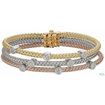 14K Tri Color 3 Row Mesh with 3 Stations Pave Set on Each Bangle Diamond 1.68 Ctw