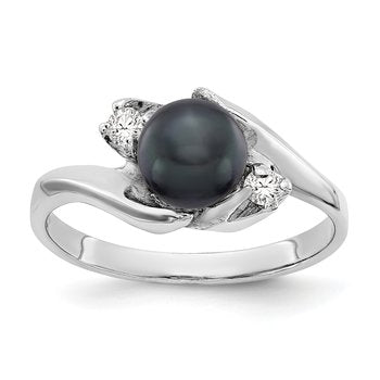 14k White Gold 6mm Black FW Cultured Pearl AA Diamond ring