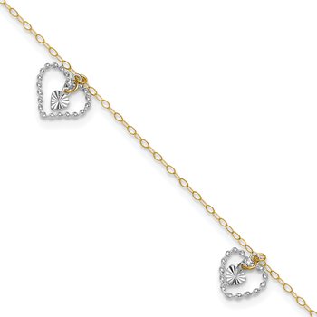 14K Two-tone Twisted Diamond-cut 3 Heart Dangles 9 inch Plus 1 inch Extender - Total 10 inch Anklet