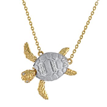 Oceanity™ 14K Two Tone Necklace Turtle with Movable Flippers Diamond 0.04 Ctw