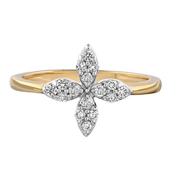 14K Yellow Gold Pave Set 4 Petals on Plain Shank Diamond Ring 0.24 Ctw