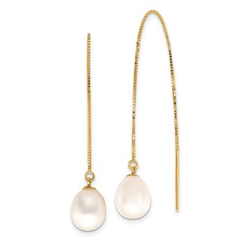 14k 7-8mm White Teardrop Freshwater Cultured Pearl Box Chain Threader Earrings