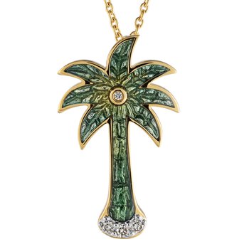 Oceanity™ 14K Yellow Gold Pendant Enamel Palm Tree Bezel Set Center Diamond 0.10 Ctw