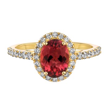 RedVelvet™ 14K Yellow Gold Oval Center with Halo Prong Set Shoulders Ring 1.70 Ctw Natural Rubellite
