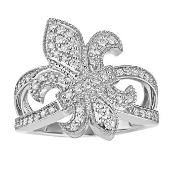 Lis Royale™ 14K White Gold Offset Fleur-De-Lis Split Shank Ring 0.50 Ctw Diamond