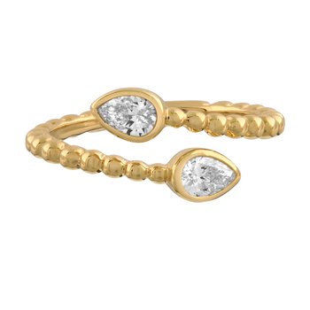 14K Yellow Gold Beaded Open Ended Bypass Pear Shape Bezel Set Diamond Ring 0.40 Ctw
