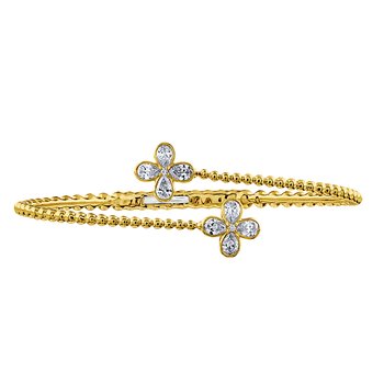 14K Yellow Gold Beaded Bypass Open Ended with Bezel Set Clovers Diamond Bangle 0.99 Ctw