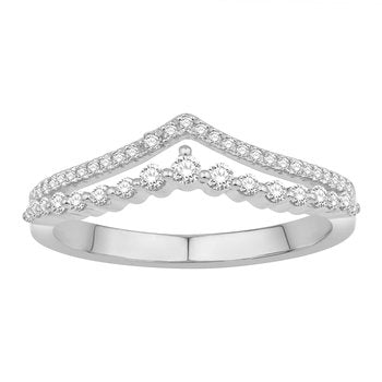 14K White Gold 2 Rows Bead Set V Shaped Diamond Ring 0.25 Ctw