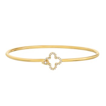 14K Yellow Gold Clover Shape Center Hook & Eye Closure Bangle Diamond 0.15 Ctw