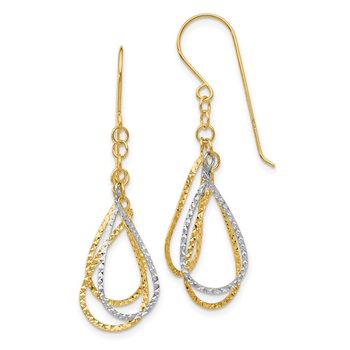 14K Two-tone Diamond Cut Tear Drop Shepherd Hook Earrings