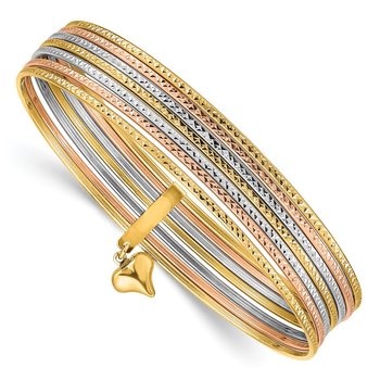 14K Oversize Tri-color Polished and Textured with Dangle Heart 7-Strand 11.00mm Slip-on Round Bangle Bracelet