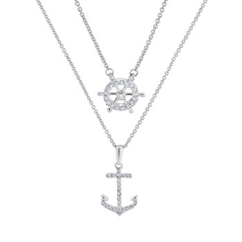 BluSea™ 14k White Gold Necklace Layered Nautical Anchor & Ships Wheel Diamond 0.25 Ctw