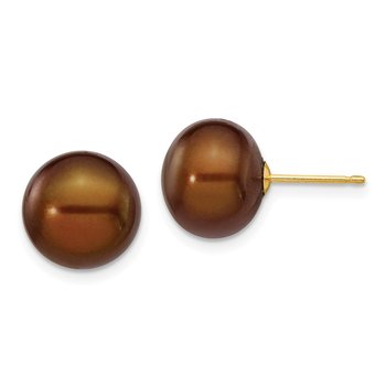 14k 10-11mm Brown Button Freshwater Cultured Pearl Stud Post Earrings
