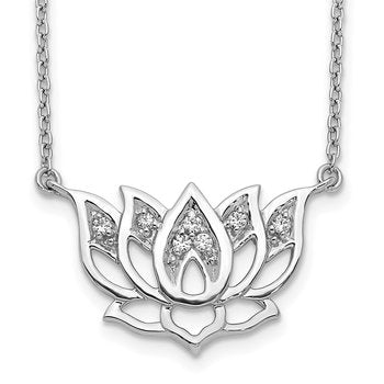 14k White Gold 1/15 carat Diamond Lotus Flower 18 inch Necklace
