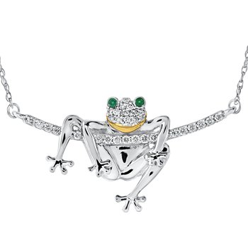 OCEANITY ™ 14k White Gold Necklace Frog Hanging Over Pave Curved Bar Diamond 0.15 Ctw