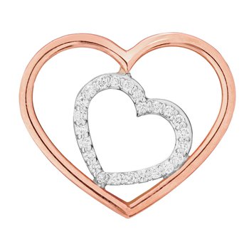 14K Two Tone Pendant Cutout Polished Heart with Smaller Bead Set Heart Diamond 0.25 Ctw