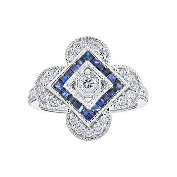 Vintage Treasures™ 14k White Gold Flower Art Deco with Offset Square Center Ring Diamond & Blue Sapphire 1.00 Ctw