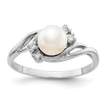 14k White Gold 6mm FW Cultured Pearl AA Diamond Ring