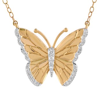 ZooLightful™ 14K Yellow Gold Etched Butterfly with Pave Wing Tips & Body Necklace Diamond 0.16 Ctw