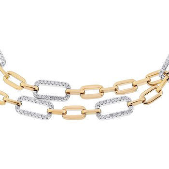 14K Two Tone Necklace Heavy Geometric Links Alternating Pave & Polished Diamond 1.00 Ctw