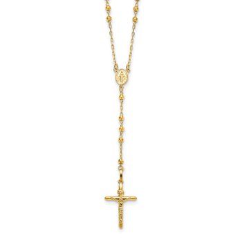 14k Polished Crucifix and Miraculous Medal with 3mm Mirror Beads Semi-solid 24 inch Rosary Necklace