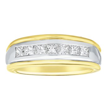 Shefian™ 14K Two Tone Ring Men's 7 Stone Princess Cut Channel Set Diamond 1.00 Ctw