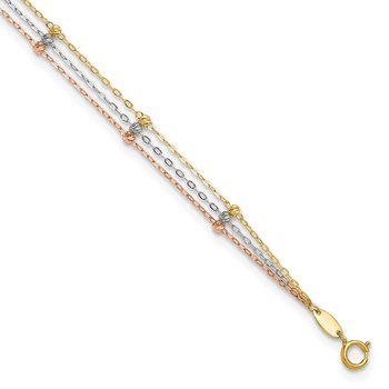 14k Tri-color 3-Strand Diamond-cut Beaded 9-Station 9 inch Plus 1 inch Extender - Total 10 inch Anklet