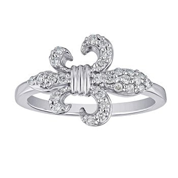 Lis Royale™ 14K White Gold Horizontal Pave Set Fleur-De-Lis Plain Shank Ring 0.25 Ctw Diamond