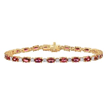 RedVelvet™ 14K Yellow Gold Oval Prong Set with Diamonds Between Bracelet 6.37 Ctw Natural Rubellite