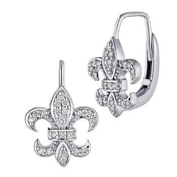 Lis Royale™ 14K White Gold Pave Set Fleur-De-Lis Lever Backs Earrings 0.20 Ctw Diamond
